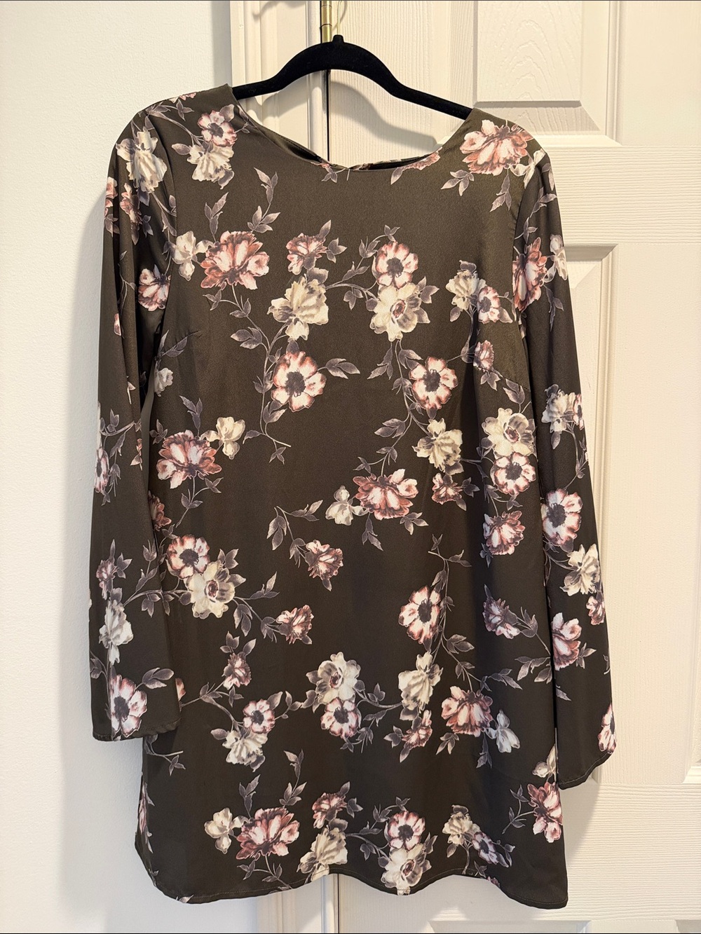 Olive Floral Long-Sleeve Dress with Pink & Cream Blooms